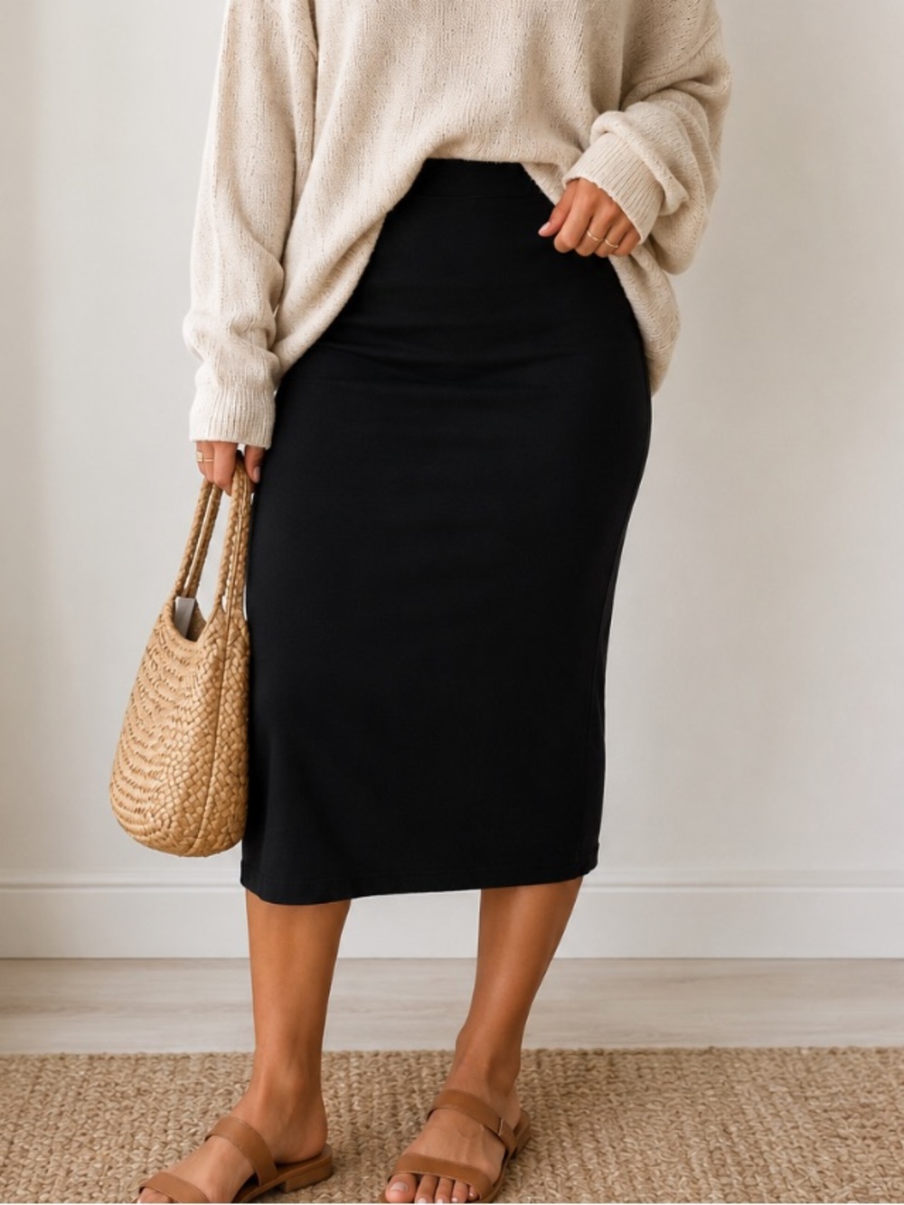 Whistles Black Cotton Midi Pencil Skirt Size 6